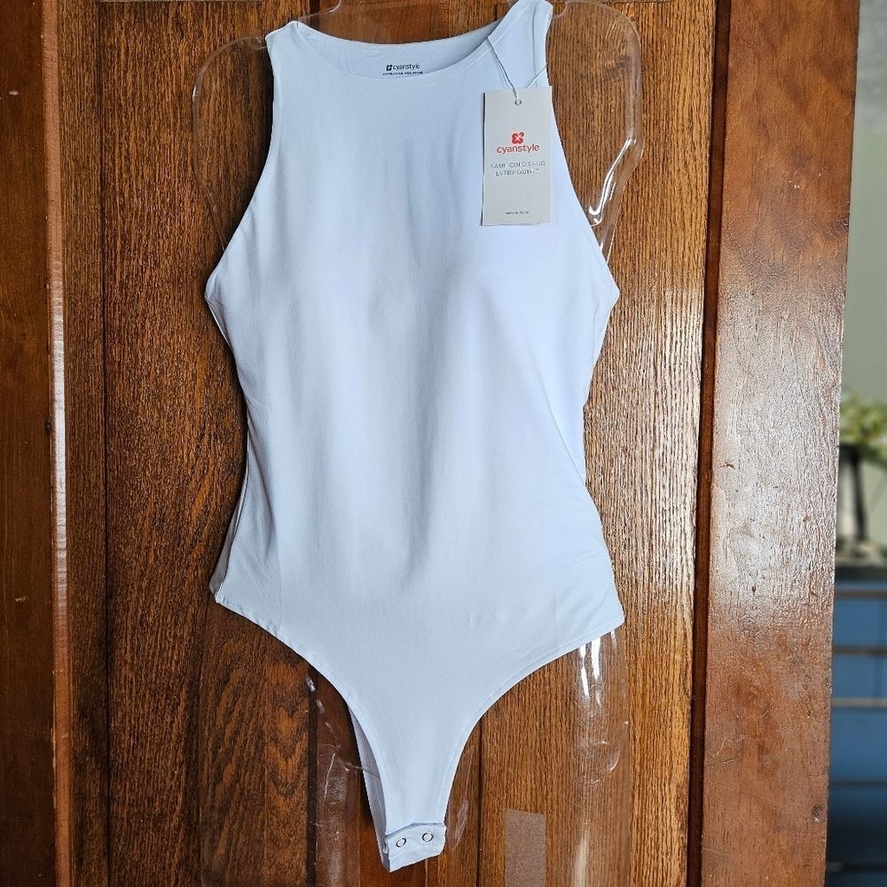 Cyanstyle Bodysuit Womens Medium White High Neck Sleeveless Thong Snap New